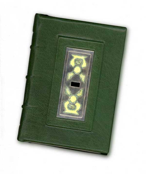 Green goat leather bound book with sterling silver and enamel inlay