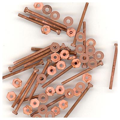 Miniature hex head bolts, nuts, and washer set - copper