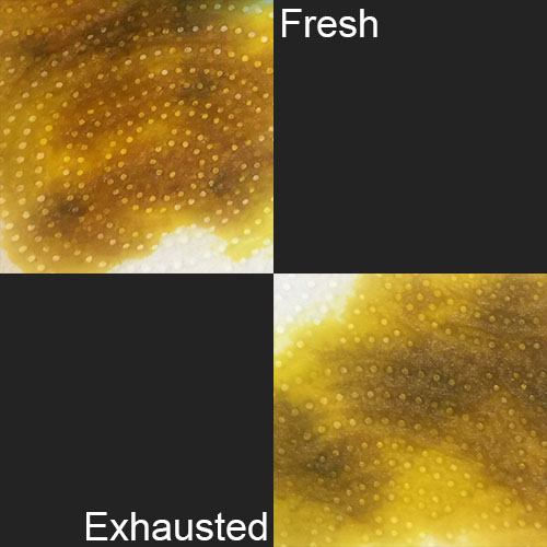 Top Left: New ferric chloride (reddish/yellow)<br/> Bottom Right: Exhausted ferric chloride (greenish/yellow)